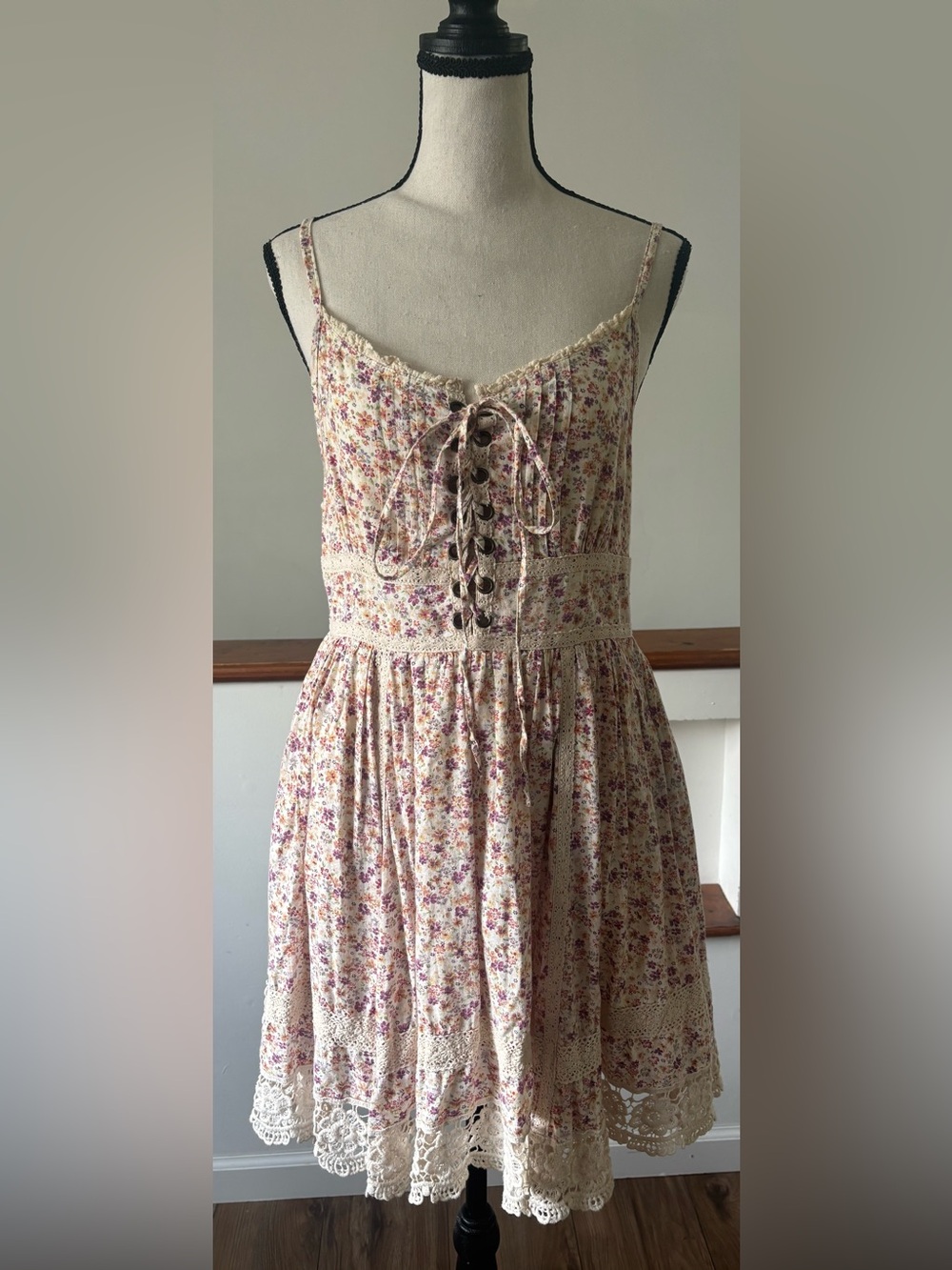 Boho Praire Cottagecore Floral Crochet Mini Dress